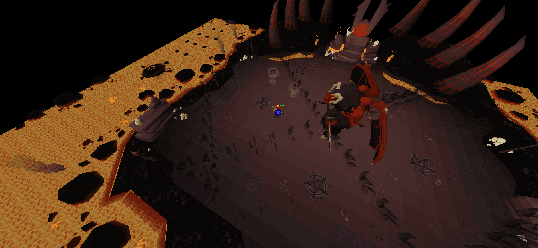 Yama mid-fight in his arena, two glyphs lit and the lava field running along the western edge