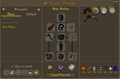 The Preset Manager with a saved melee loadout open: the preset lists on the left, the equipment doll in the centre, the inventory and the stats strip on the right