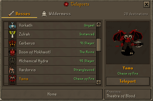 The Teleports window on its Bosses tab, one boss per row with its requirement beside it, Yama picked out of the list and drawn in the preview pane