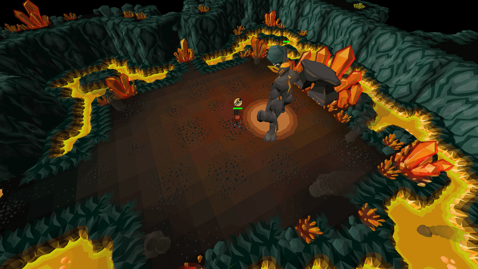 Tekton mid-fight in his lava-ringed chamber, stepped off his anvil towards the player