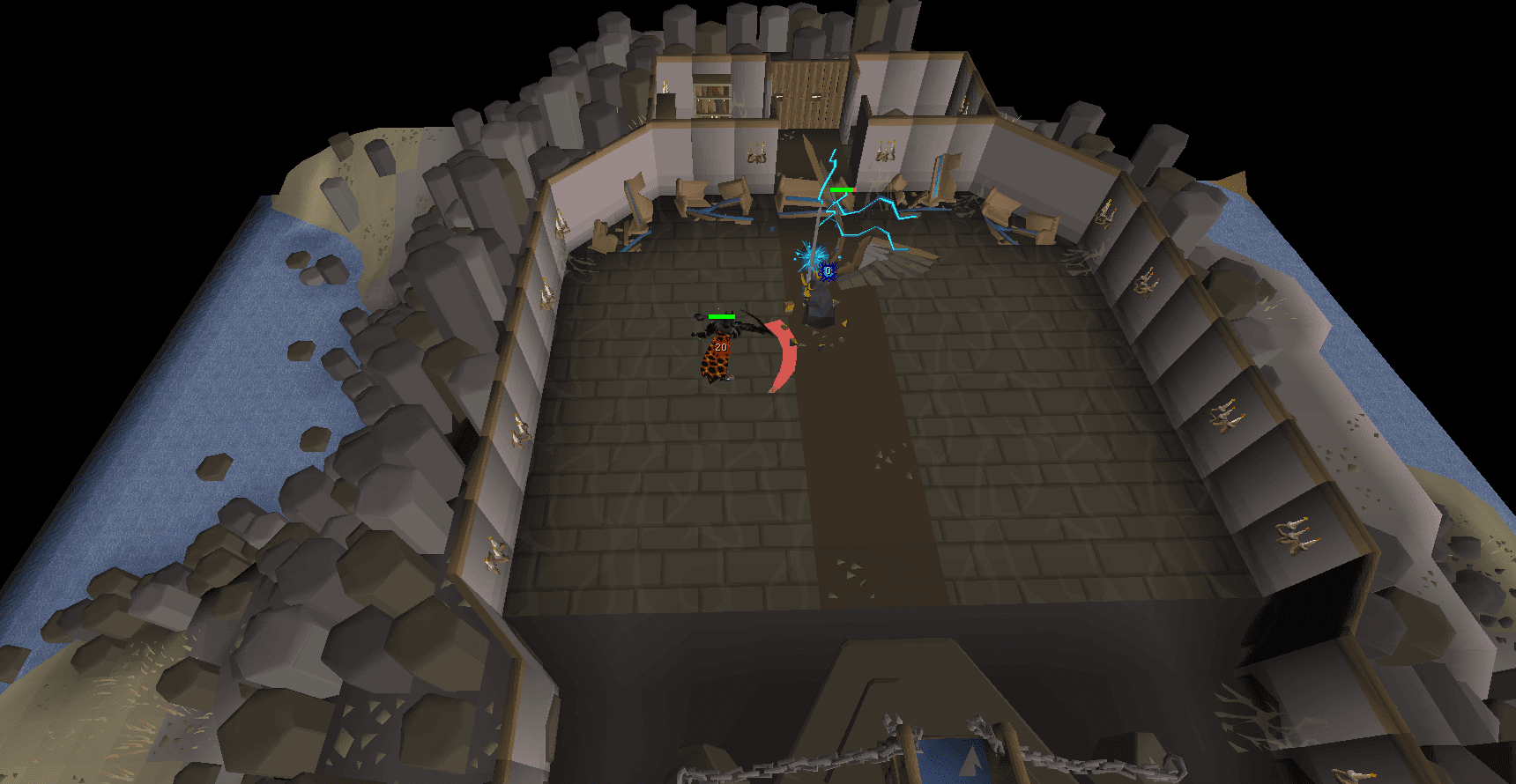 The Mad Angel charging her Lightning Smite in the cathedral nave, with the player mid scythe swing