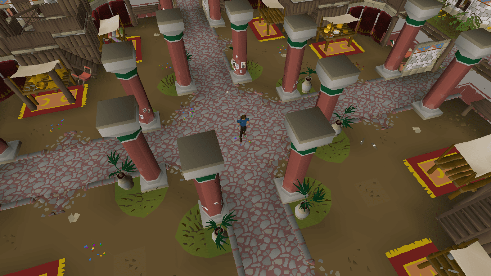 A player standing where the cobbled paths cross in the Civitas illa Fortis market square in Varlamore, drawn from the newly imported map data