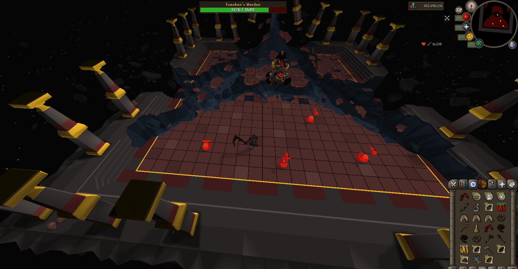 Tumeken's Warden raised at the head of the Tombs of Amascut chamber, red bombs landing across the floor around the player
