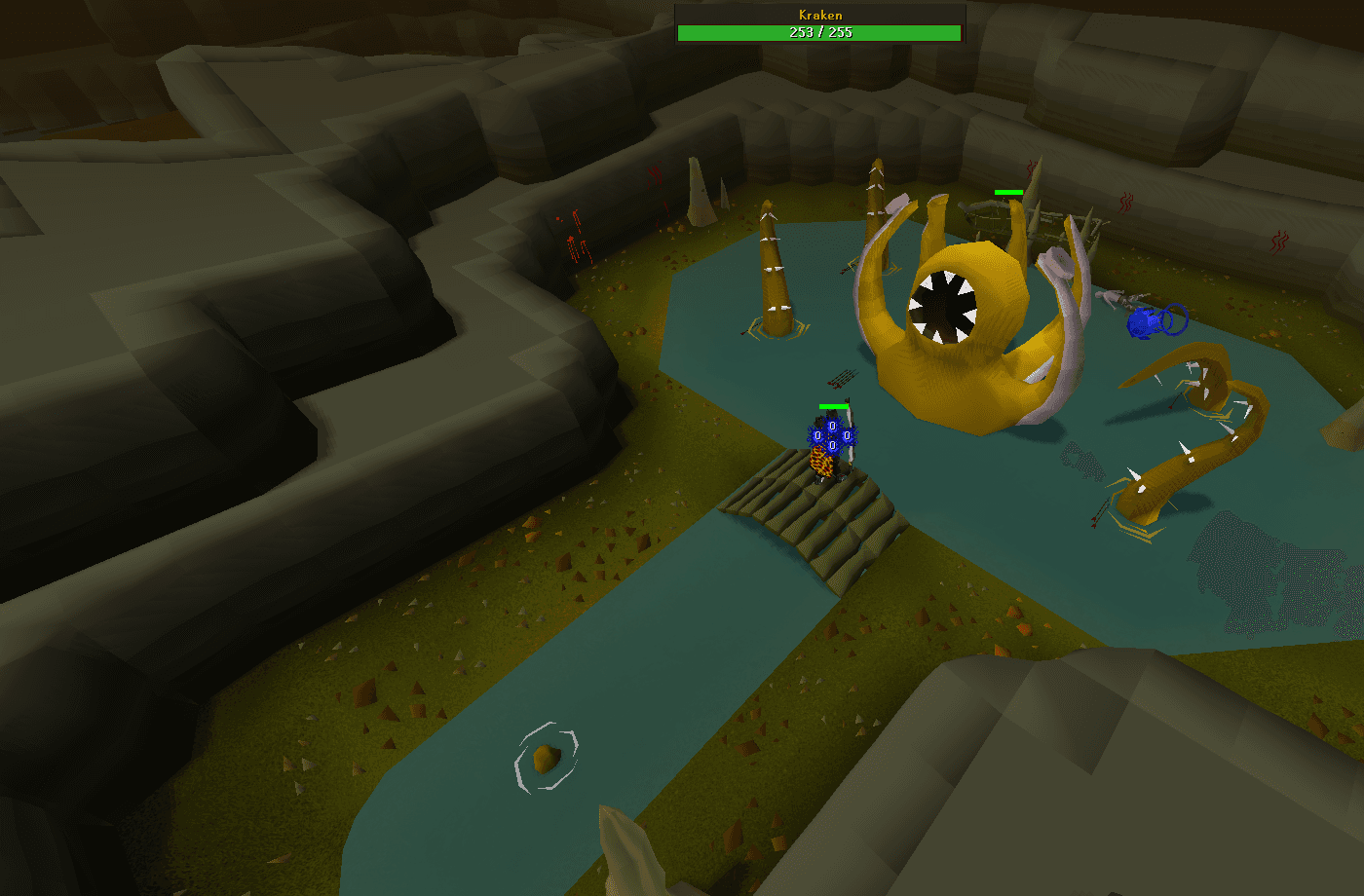 The Kraken surfaced in the middle of its pool in Kraken Cove, fought from the shore across the water while a tentacle lashes on the right and an undisturbed whirlpool still turns below