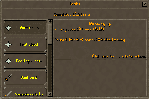 The Tasks window with today's three daily tasks at the top of the list and one selected to show its progress and reward