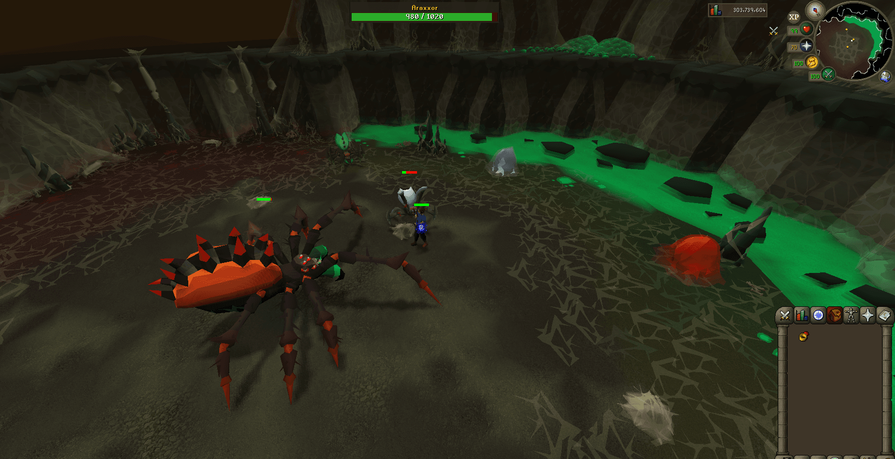 Araxxor closing in across the lair, with an araxyte already on the player and acid spreading over the east half of the floor