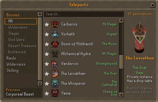 The Teleports window on the Bosses category, each row wearing a favourite star and the boss's own icon, with the Leviathan in the preview panel