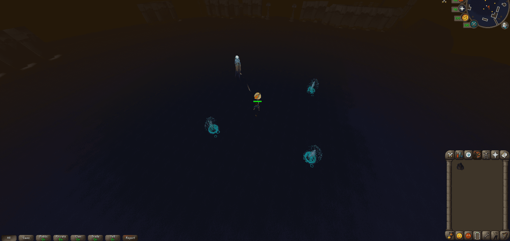 Three tentacles converging on the player in the Whisperer's arena, with the Whisperer herself drifting a few tiles north