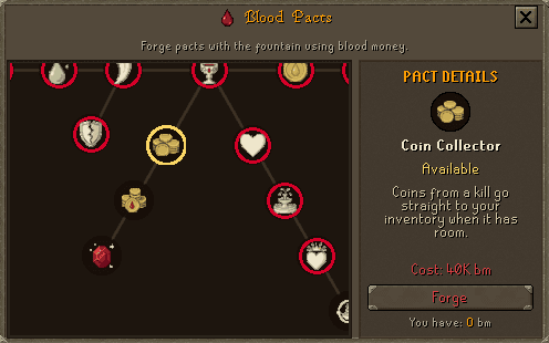 The Blood Pacts tree with Coin Collector picked out, its cost and the Forge button beside it