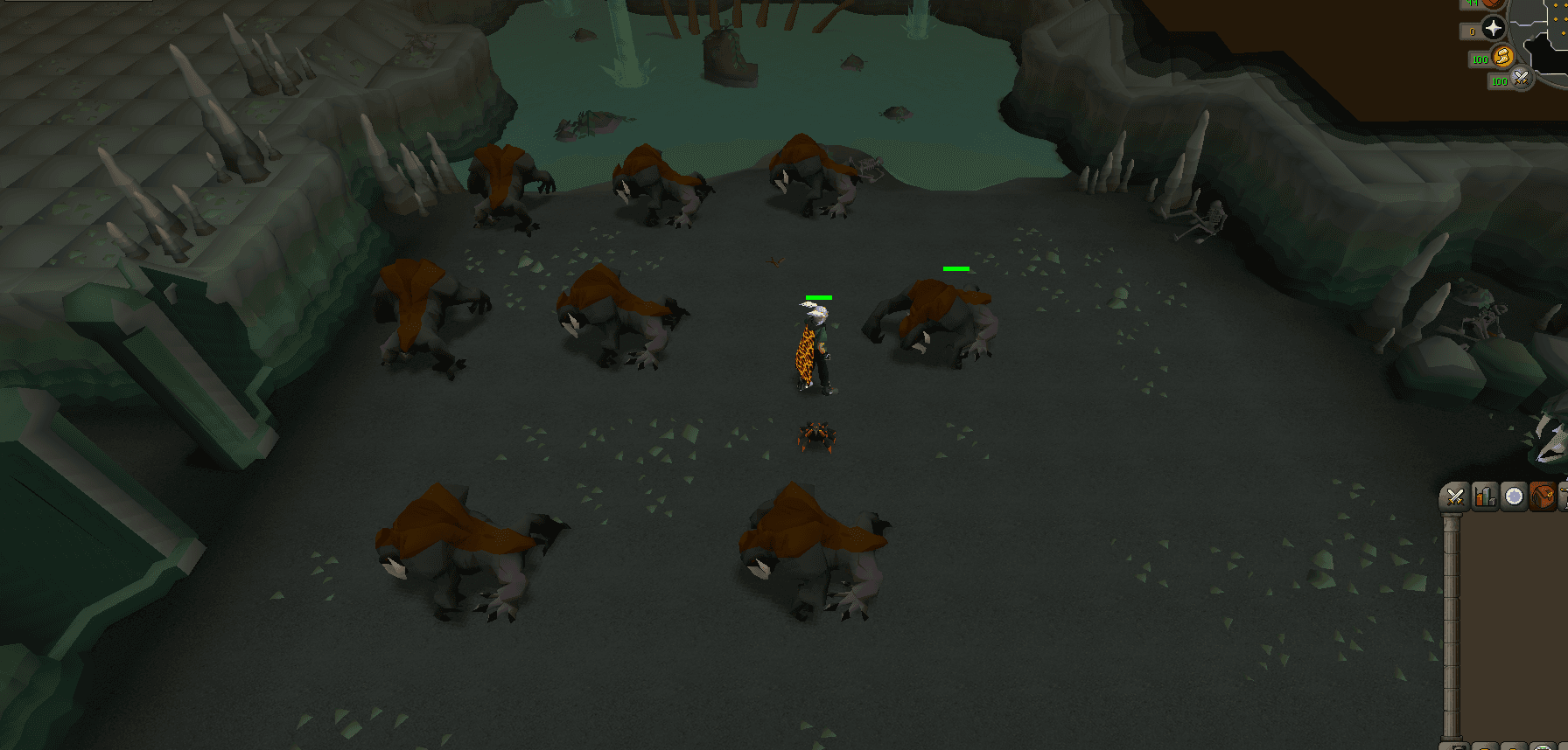 Eight Basilisk Knights spread across the floor of Jormungand's Prison, with the green pool at the back of the cave