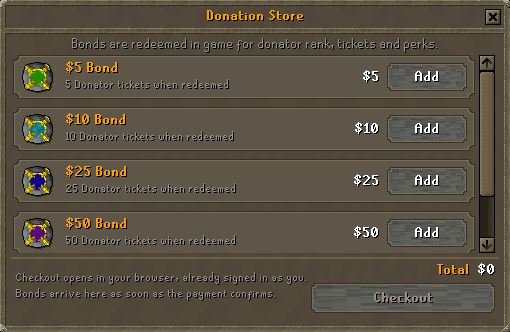 The donation store open on its four bond rows, each with the donator tickets it redeems for under its name