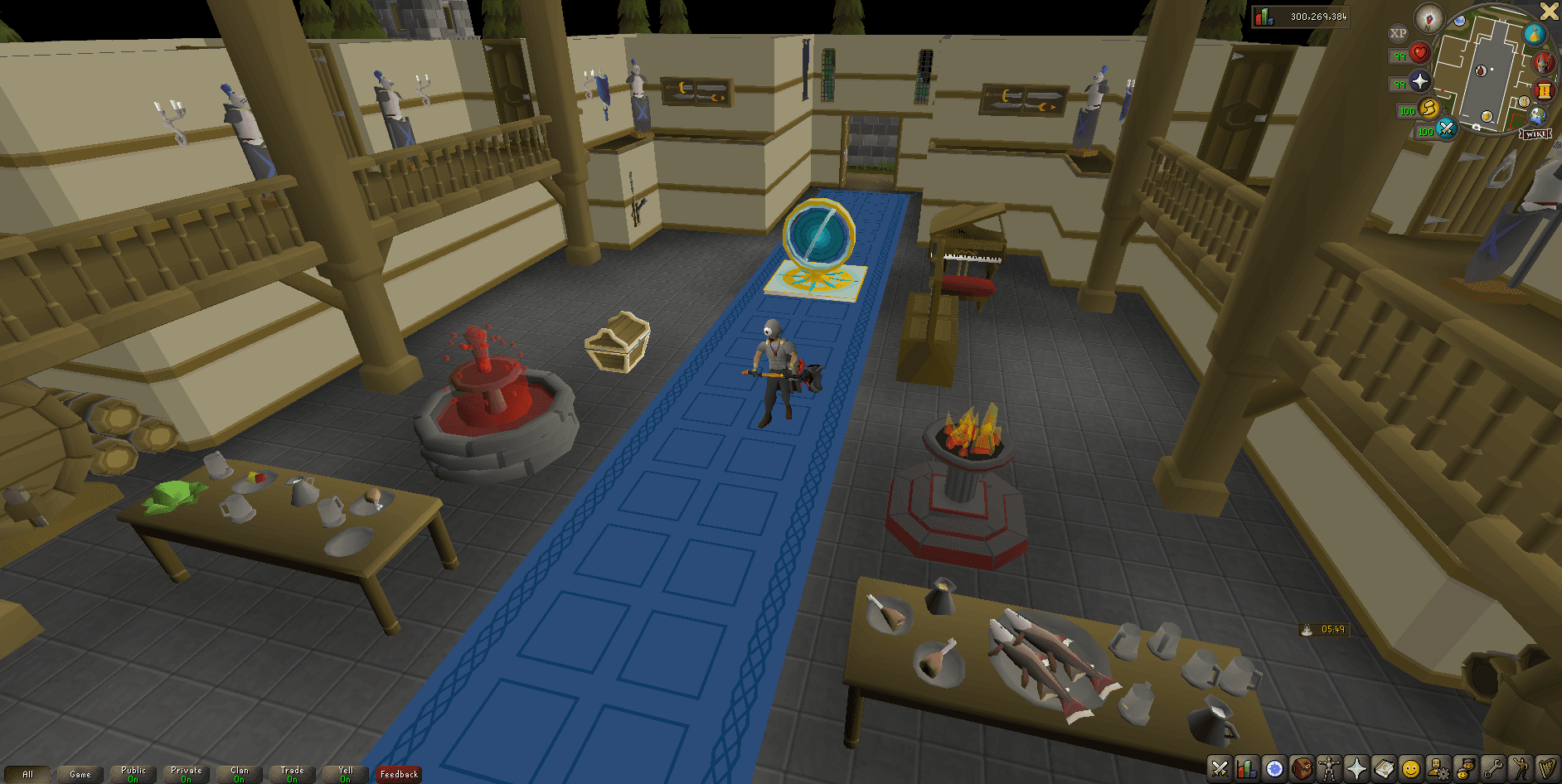 Inside the Crimson Court, the blue carpet running the length of the hall past the blood fountain, the brazier and the laid banquet tables to the portal at the far end