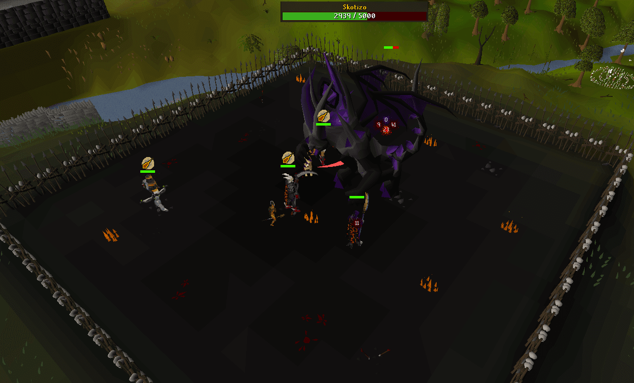 Skotizo part way through a fight in the home events arena, three players on him and the boss health bar reading 2939 of 5000
