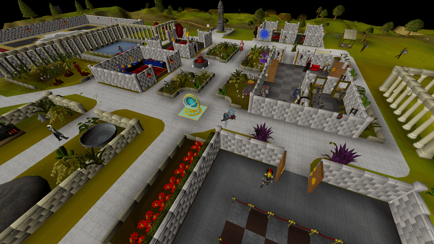 Home from above after the stonework pass, with pale block walls around every plot, the colonnades either side and the arena floor in the foreground
