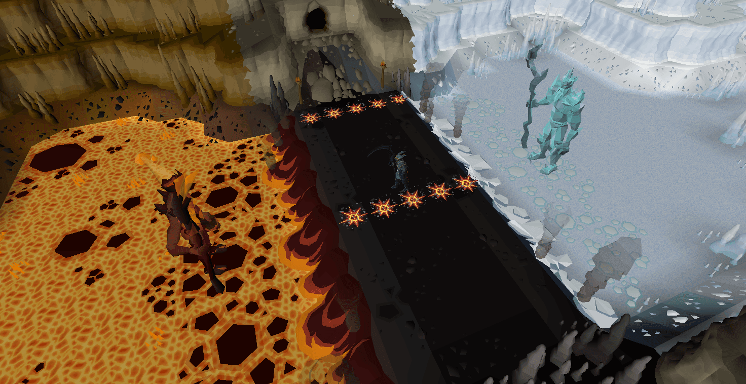 The Royal Titans lair from above, lava to the west and ice to the east, Branda out on the molten floor and Eldric on the frozen one, with two rows of fire walls burning across the strip between them