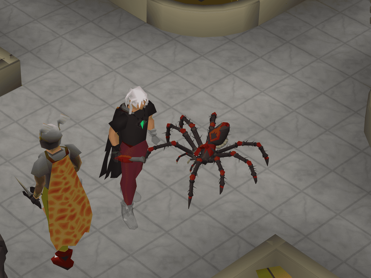 Two players on the marble floor of the home plaza, one followed by a large red and black spider