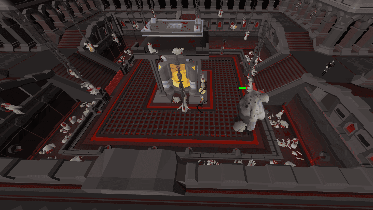 The Pestilent Bloat walking its lap of the Theatre of Blood room, with corpses hanging on chains above the grated floor