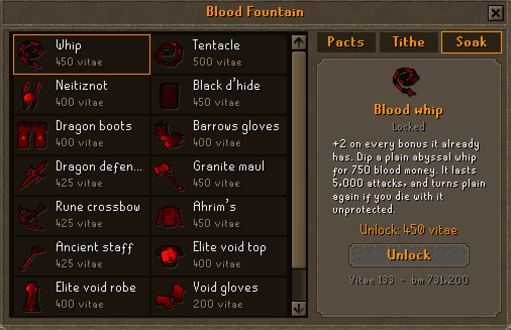 The blood fountain's Soak tab: the soakable pieces with their vitae unlock prices, and the Blood whip picked out with its +2 bonus, 5,000-attack budget and Unlock button
