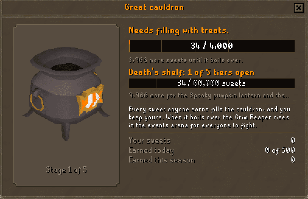 The great cauldron window: the cauldron at stage 1 of 5, the bar towards the 4,000 sweets that raise the Grim Reaper, Death's shelf tiers and your own sweets for the day and the season