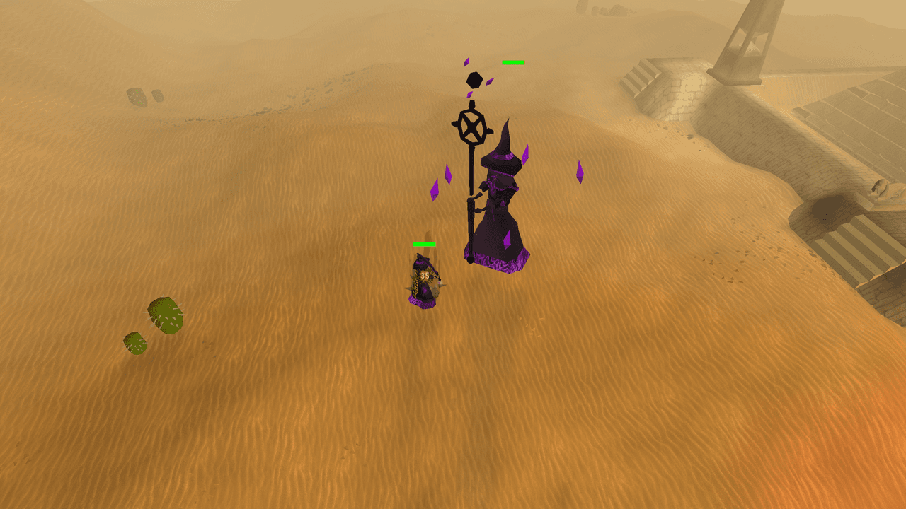 Umbra, the Shadow General, loose in the desert beside the pyramid, shards circling it while a player fights at its feet