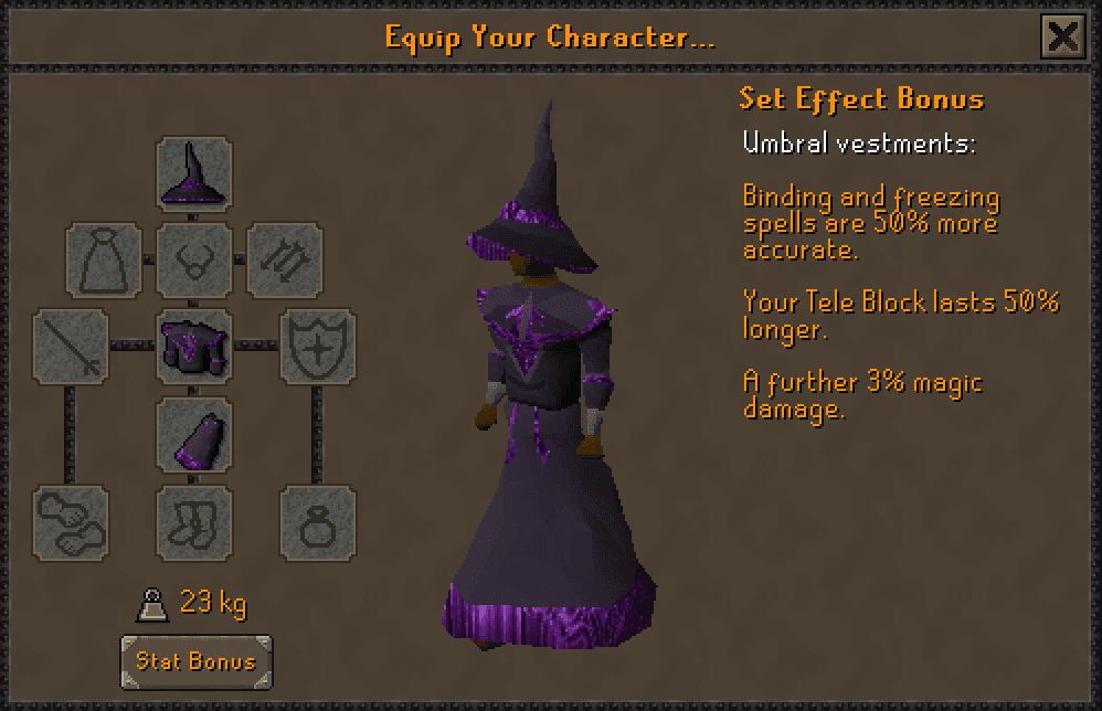 The full Umbral vestments worn, with the set effect read out in the equipment window
