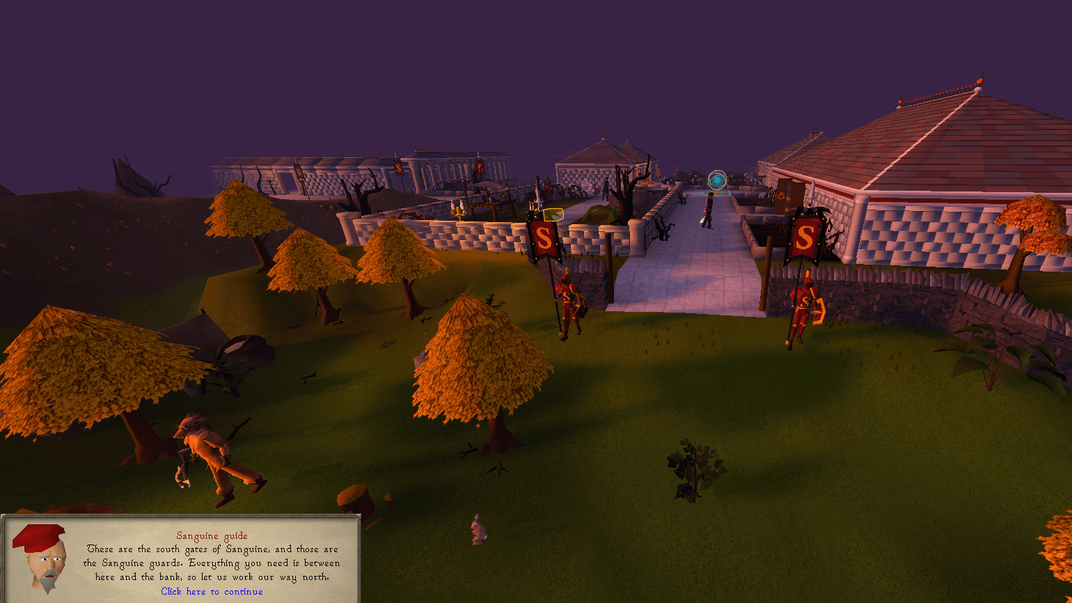 The server tour opening at the south gates, the guide's dialogue over the two banner guards and the path north into home at dusk