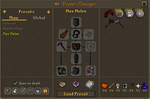 The Preset Manager with a saved melee loadout open: the preset lists on the left, the equipment doll in the centre, the inventory and the stats strip on the right