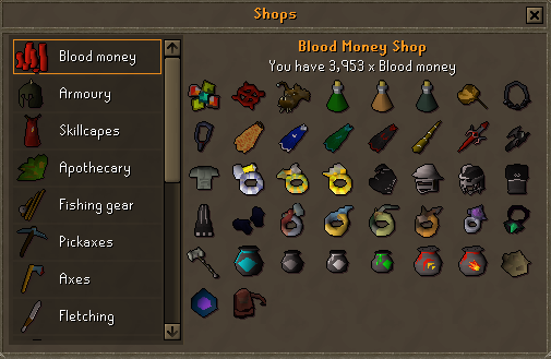 The Shops window with every shop in the game listed down the left rail and the blood money counter's stock laid out beside it