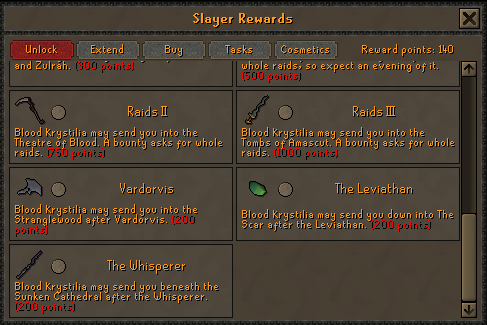 The Unlock tab of the Slayer Rewards screen, scrolled to the content unlocks for Raids II and III, Vardorvis, the Leviathan and the Whisperer with their point costs