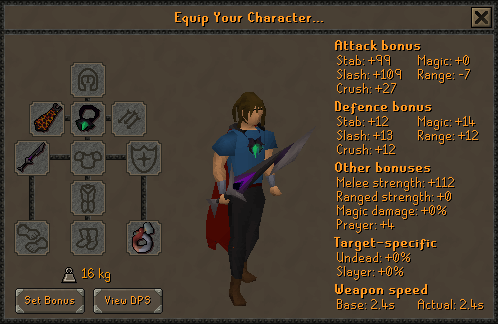 The Equip Your Character screen, the slot grid and doll on the left and the full bonus breakdown on the right, down to weapon speed and carried weight