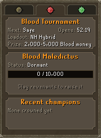 The World Events panel, the next Blood Tournament opening in 52 minutes as a safe bracket paying 2,000 to 5,000 blood money, with the Blood maledictus bar underneath
