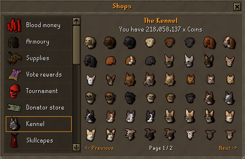 The Kennel open on the shop rail, the first of its two pages of dogs with a head icon for each breed and coat