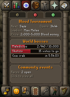 The journal's World Events plate, with the tournament clock and the four world boss bars