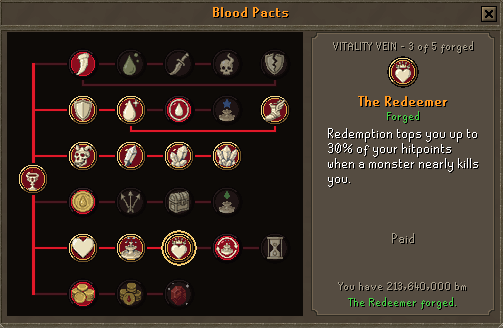 The rebuilt Blood Pacts window, with The Redeemer picked out on the Vitality vein and the panel reading out what it does