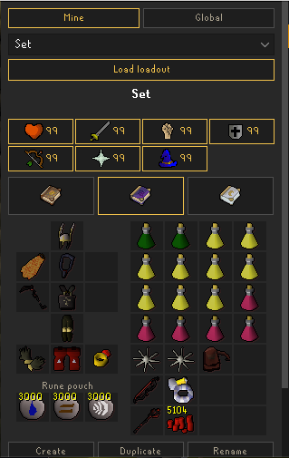 A saved bank loadout on the Mine tab, with its requirements and spellbook across the top, the equipment and inventory side by side, and the rune pouch listed underneath